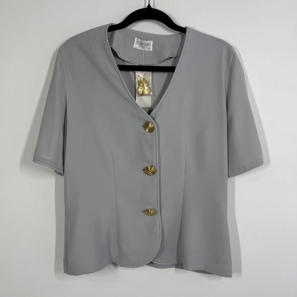 Vintage Marilyn Athens Gray Blouse Top Size 46 Gold Spiral Buttons Short Sleeve - Picture 3 of 12
